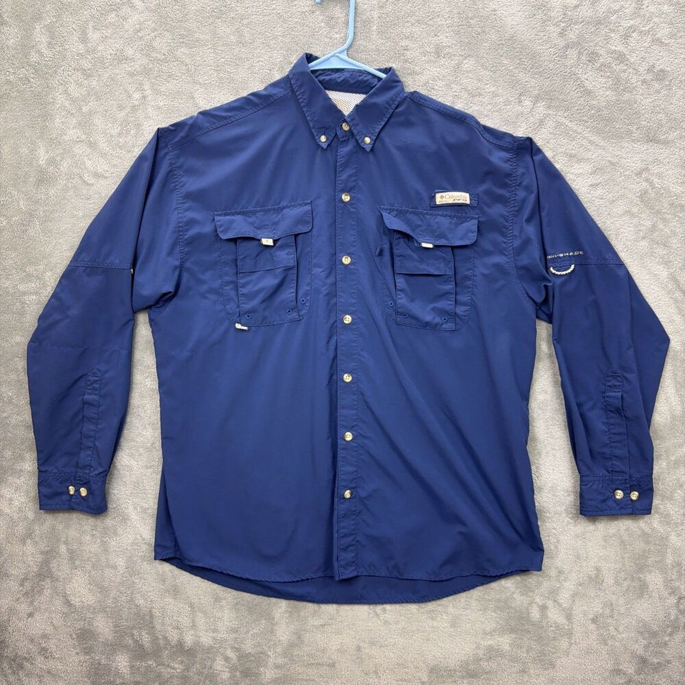 Columbia PFG Shirt Men Medium Blue Long Sleeve Omni-Shade UV Protection Fishing